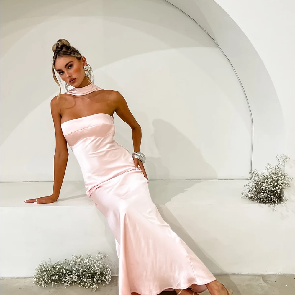 Selfie Leslie- Strapless Satin Slip Dress with Neck Scarf in Baby Pink